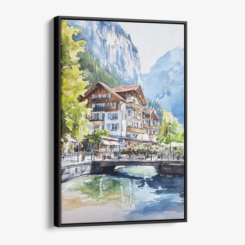 01 - Framed Lauterbrunnen Switzerland Watercolor Canvas Print - Vertical - Main.jpg