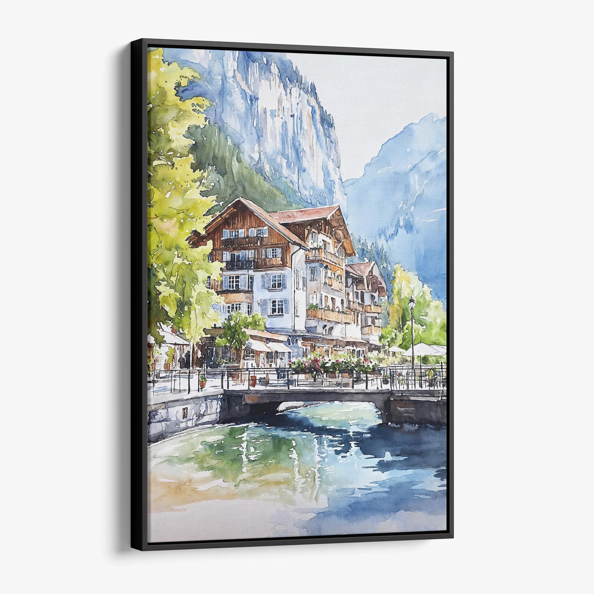 Lauterbrunnen Switzerland Watercolor Canvas Print – Charming Alpine Village Scene