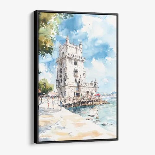 01 - Framed Lisboa Torre de Belém Watercolor Canvas Print - Vertical - Main.jpg