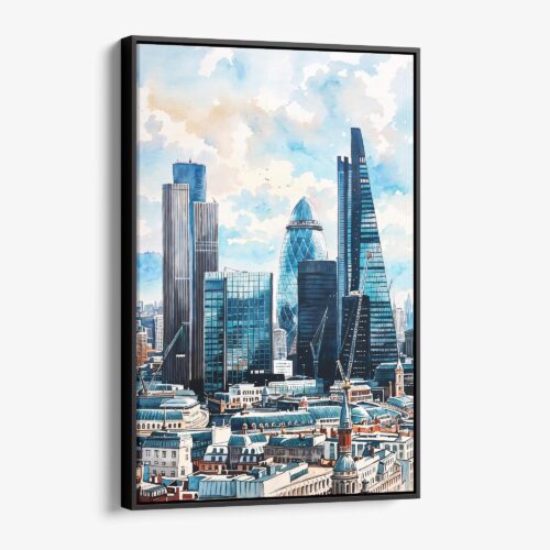 01 - Framed London Business Skyline Watercolor Canvas Print - Vertical - Main.jpg