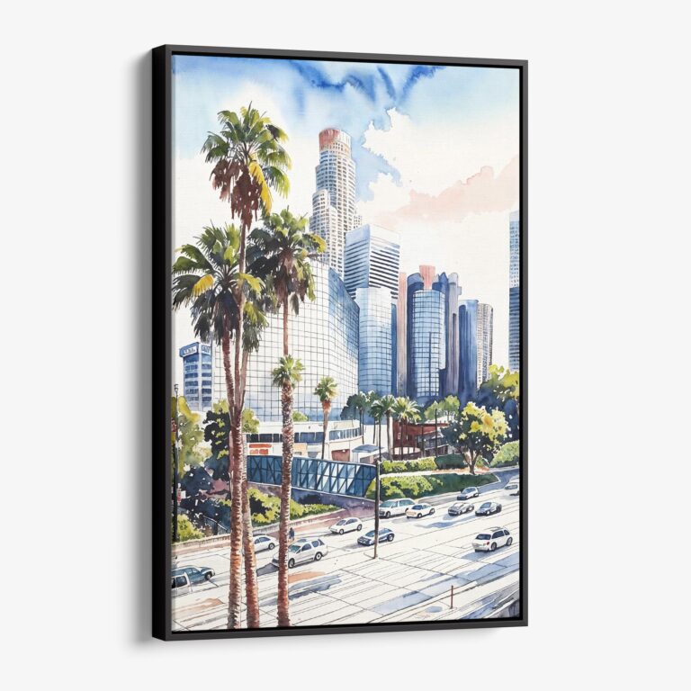 01 - Framed Los Angeles Downtown Watercolor Canvas Print - Vertical - Main.jpg