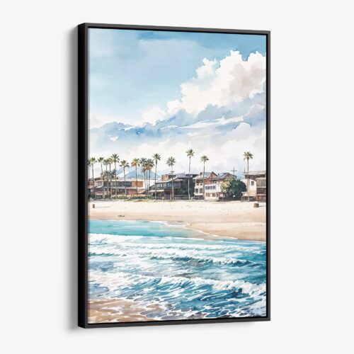 01 - Framed Los Angeles Waterfront Homes Watercolor Canvas Print - Vertical - Main.jpg