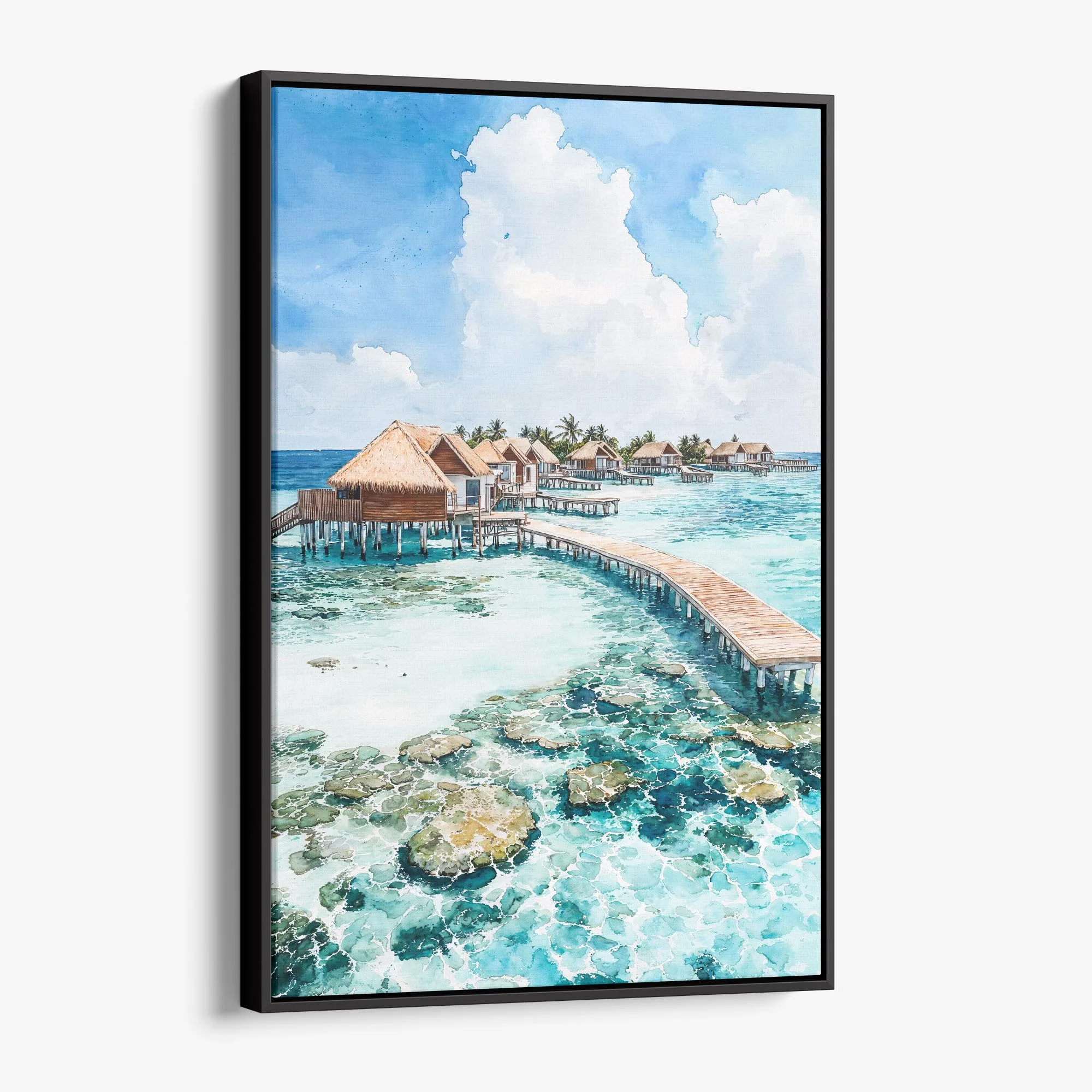 Maldives Watercolor Canvas Print – Tropical Ocean Landscape Wall Art