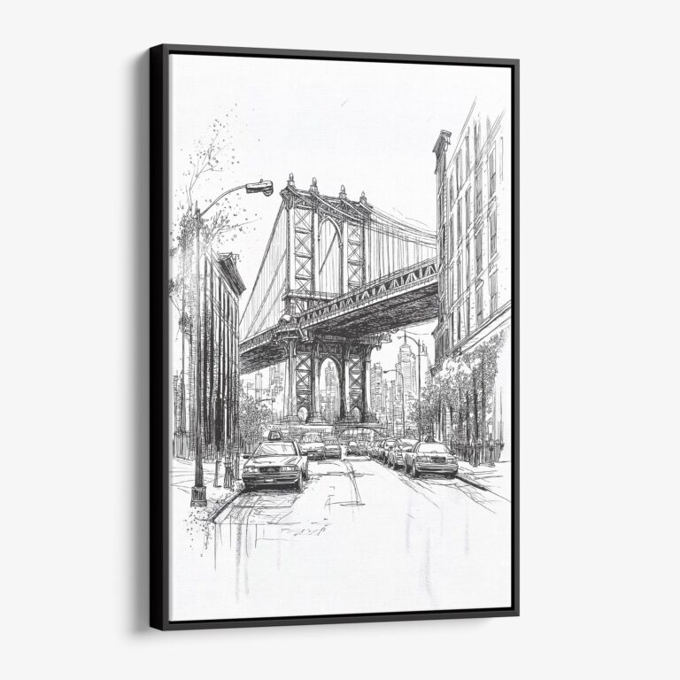 01 - Framed Manhattan bridge - Pencil Drawing Canvas Print - Vertical - Main.jpg