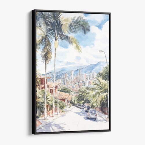 01 - Framed Medellin Colombia Watercolor Canvas Print - Vertical - Main.jpg