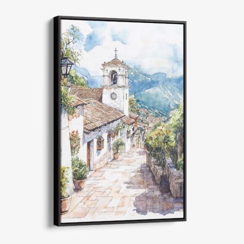 01 - Framed Medellin Old Town Watercolor Canvas Print - Vertical - Main.jpg
