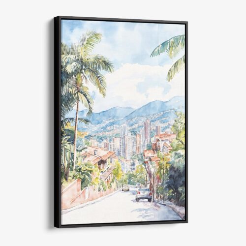 01 - Framed Medellin Skyline watercolor Canvas Print - Vertical - Main.jpg