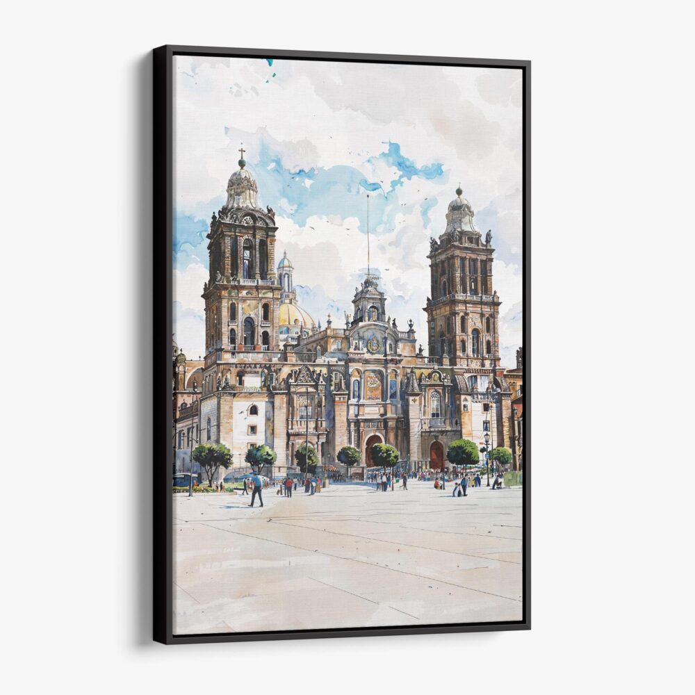01 - Framed Mexico Metropolitan Cathedral Watercolor Canvas Print - Vertical - Main.jpg