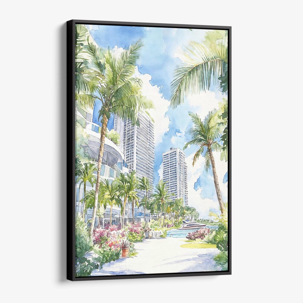 01 - Framed Miami Beach Watercolor Canvas Print - Vertical - Main.jpg