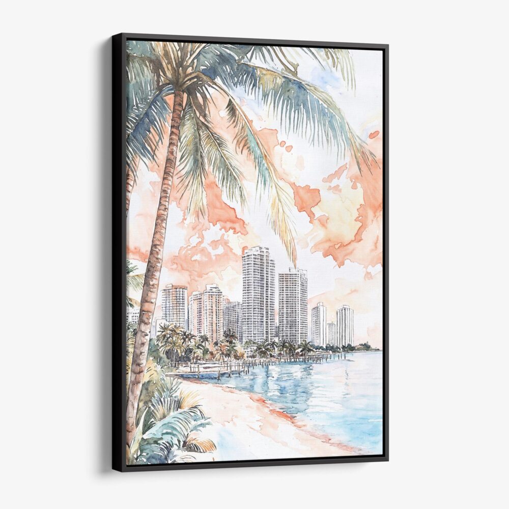 01 - Framed Miami Florida Sunset Watercolor Canvas Print - Vertical - Main.jpg