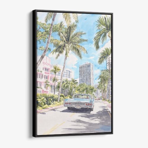 01 - Framed Miami Watercolor Canvas Print - Vertical - Main.jpg