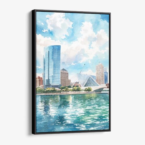 01 - Framed Milwaukee Skyline Watercolor Canvas Print - Vertical - Main.jpg