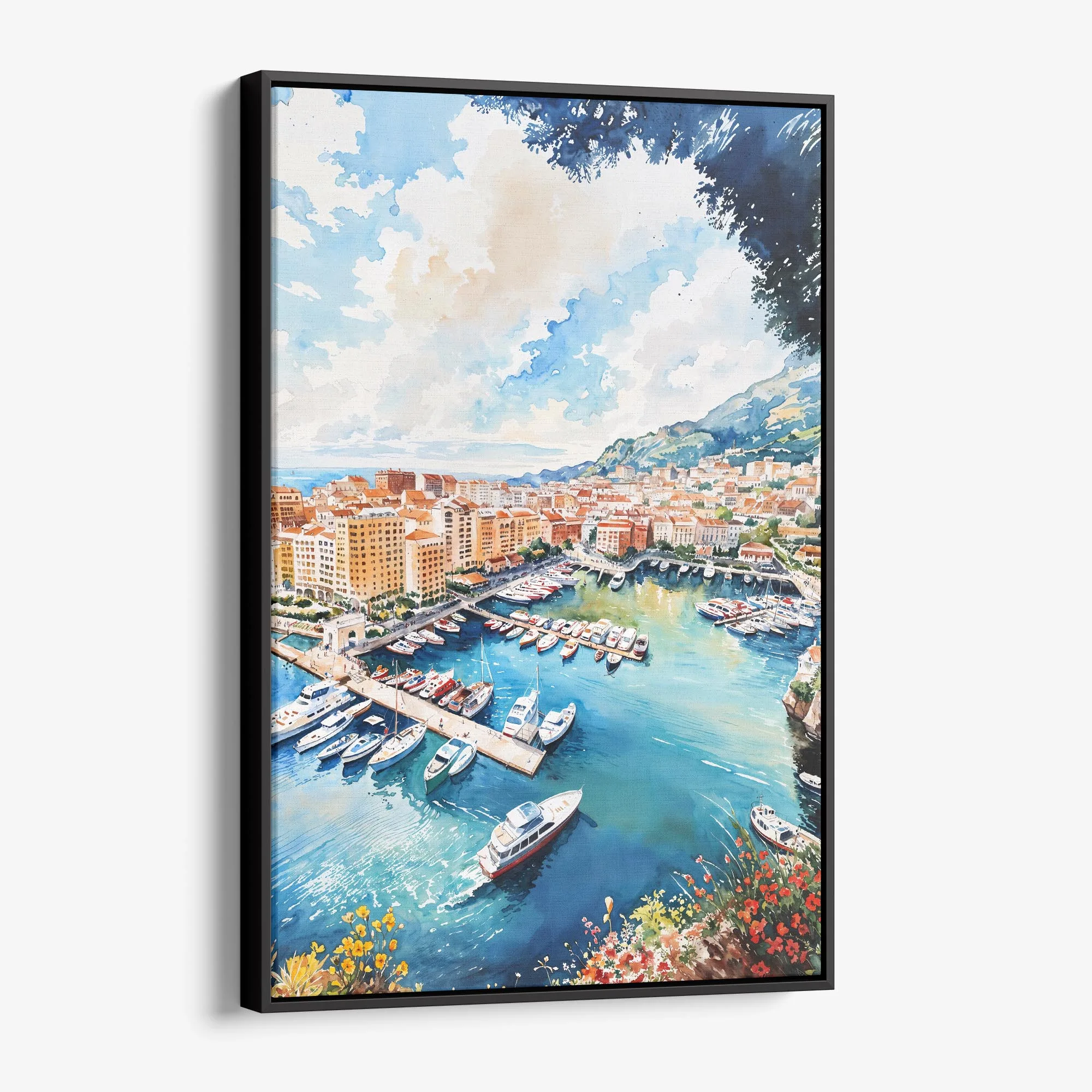 Monaco France Watercolor Canvas Print – Vibrant Coastal Landscape Art