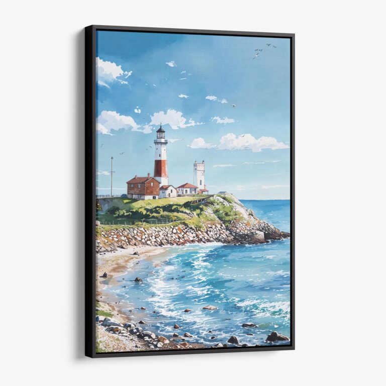 01 - Framed Montauk lighthouse Long Island Watercolor Canvas Print - Vertical - Main.jpg