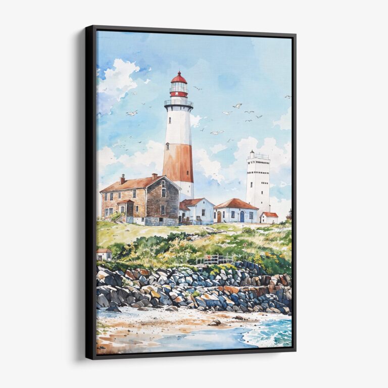 01 - Framed Montauk lighthouse Watercolor Canvas Print - Vertical - Main.jpg