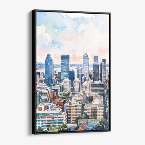 01 - Framed Montreal Skyline Watercolor Canvas Print - Vertical - Main.jpg
