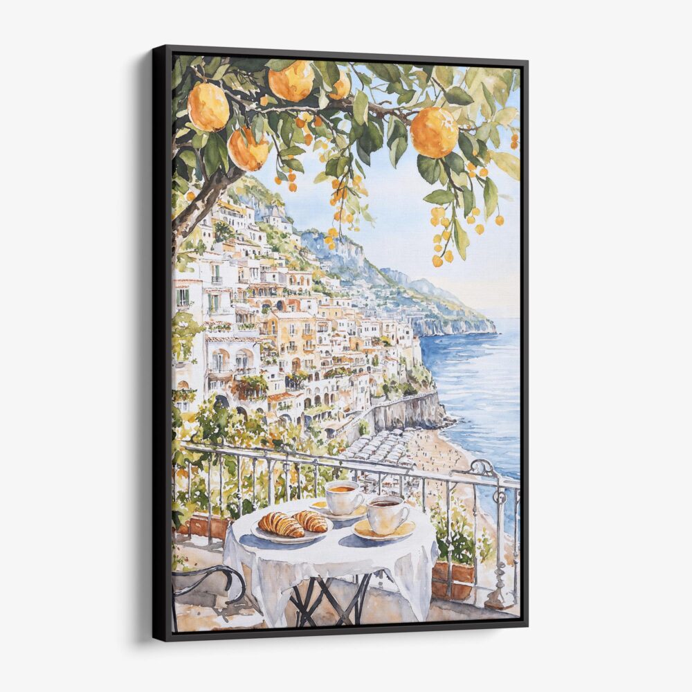01 - Framed Morning Coffee in Amalfi Coast Watercolor Canvas Print - Vertical - Main.jpg
