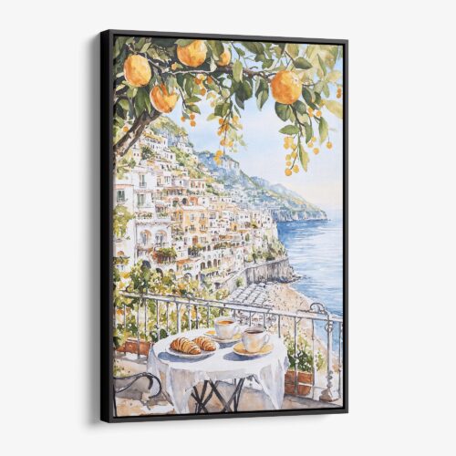 01 - Framed Morning Coffee in Amalfi Coast Watercolor Canvas Print - Vertical - Main.jpg
