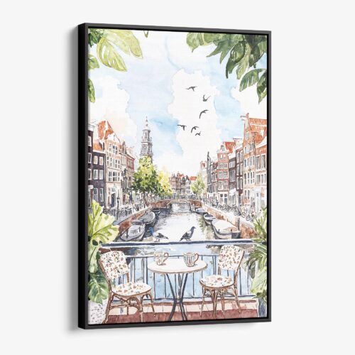 01 - Framed Morning Coffee in Amsterdam Watercolor Canvas Print - Vertical - Main.jpg