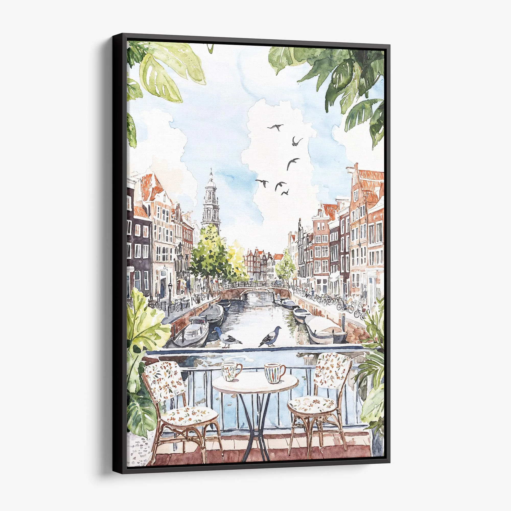 Amsterdam Watercolor Canvas Print – Charming Canal Scene Wall Art