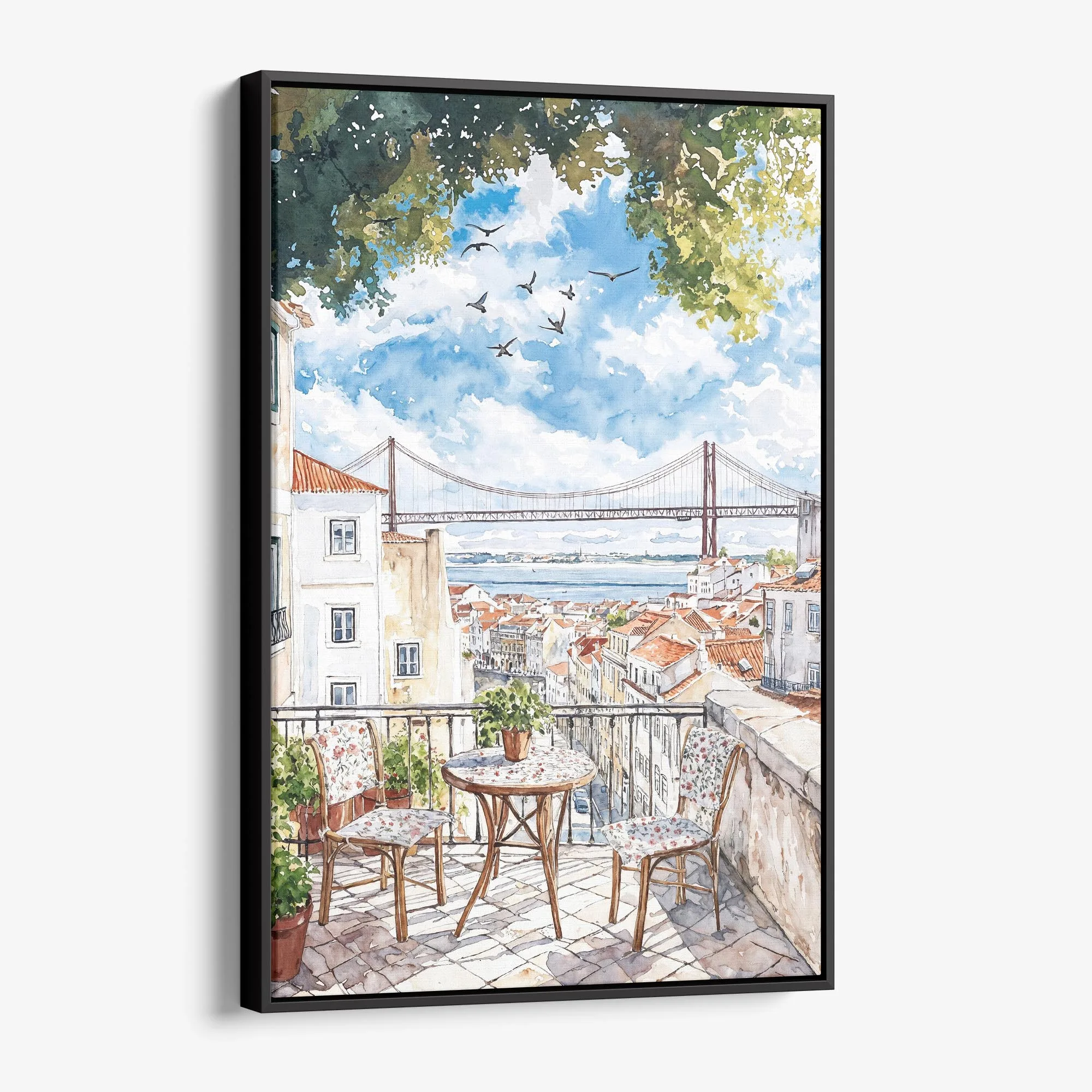Morning Coffee in Lisbon Canvas Print – Watercolor Balcony View