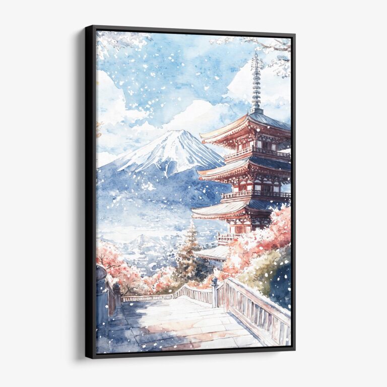 01 - Framed Mount Fuji and Pagoda Watercolor Canvas Print - Vertical - Main.jpg