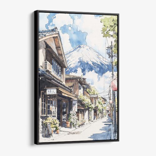 01 - Framed Mount Fuji and Village - Watercolor Canvas Print - Vertical - Main.jpg