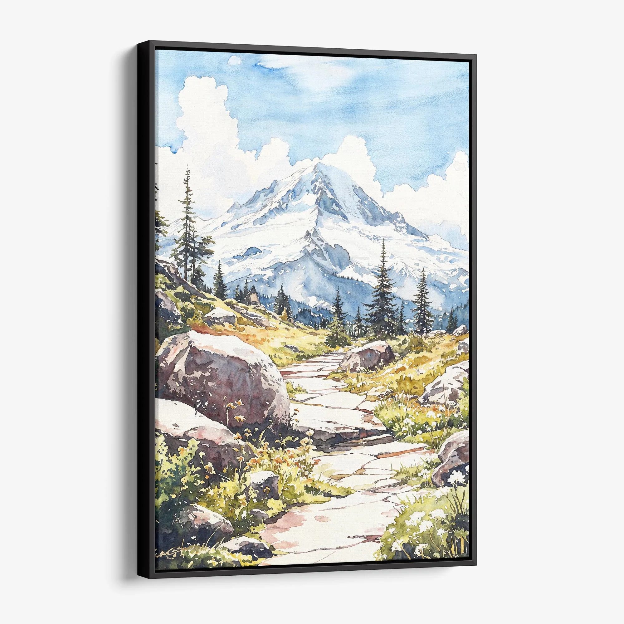 Mount Rainier Watercolor Canvas Print – Vibrant Landscape Wall Art