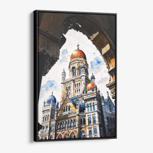 01 - Framed Mumbai BMC Building Watercolor Canvas Print - Vertical - Main.jpg