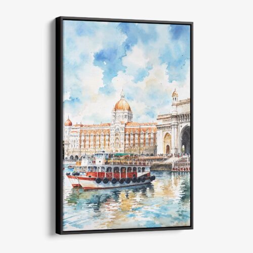 01 - Framed Mumbai Taj Mahal Palace Watercolor Canvas Print - Vertical - Main.jpg