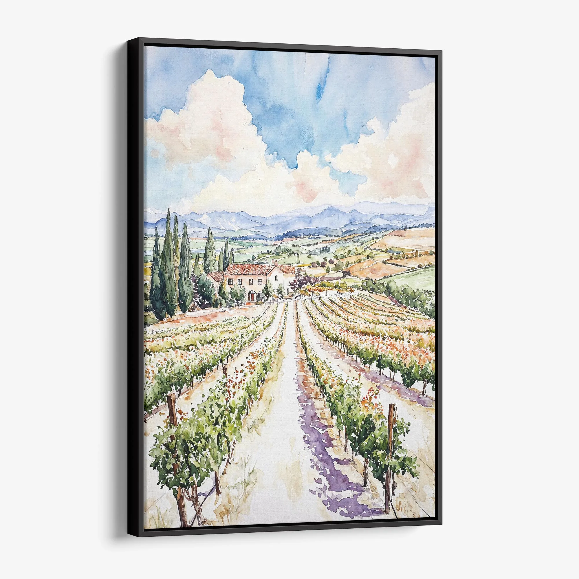 Napa Valley Vineyard Canvas Print – Watercolor Landscape Wall Art
