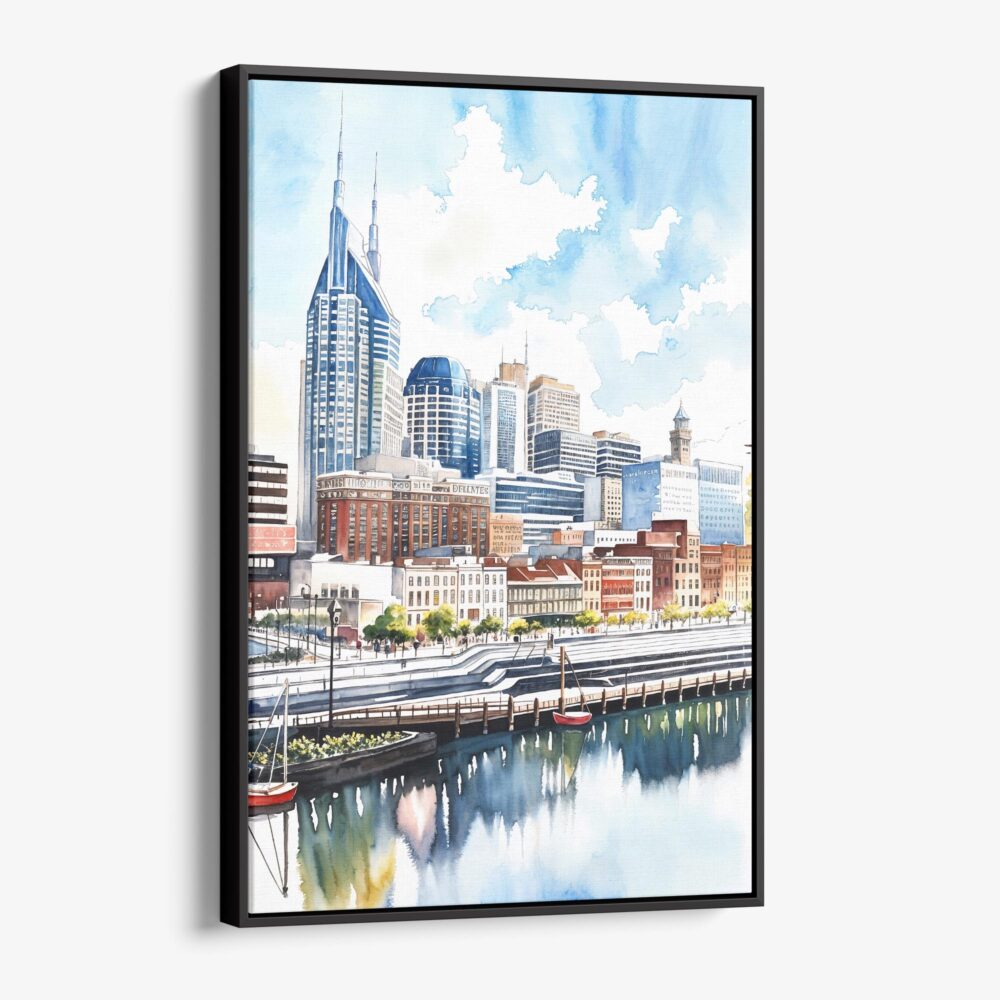 01 - Framed Nashville Skyline Watercolor Canvas Print - Vertical - Main.jpg