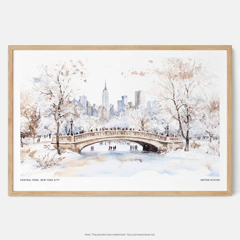 01 - Framed New York Central Park in Winter Watercolor - Horizontal Art Print - Main.jpg