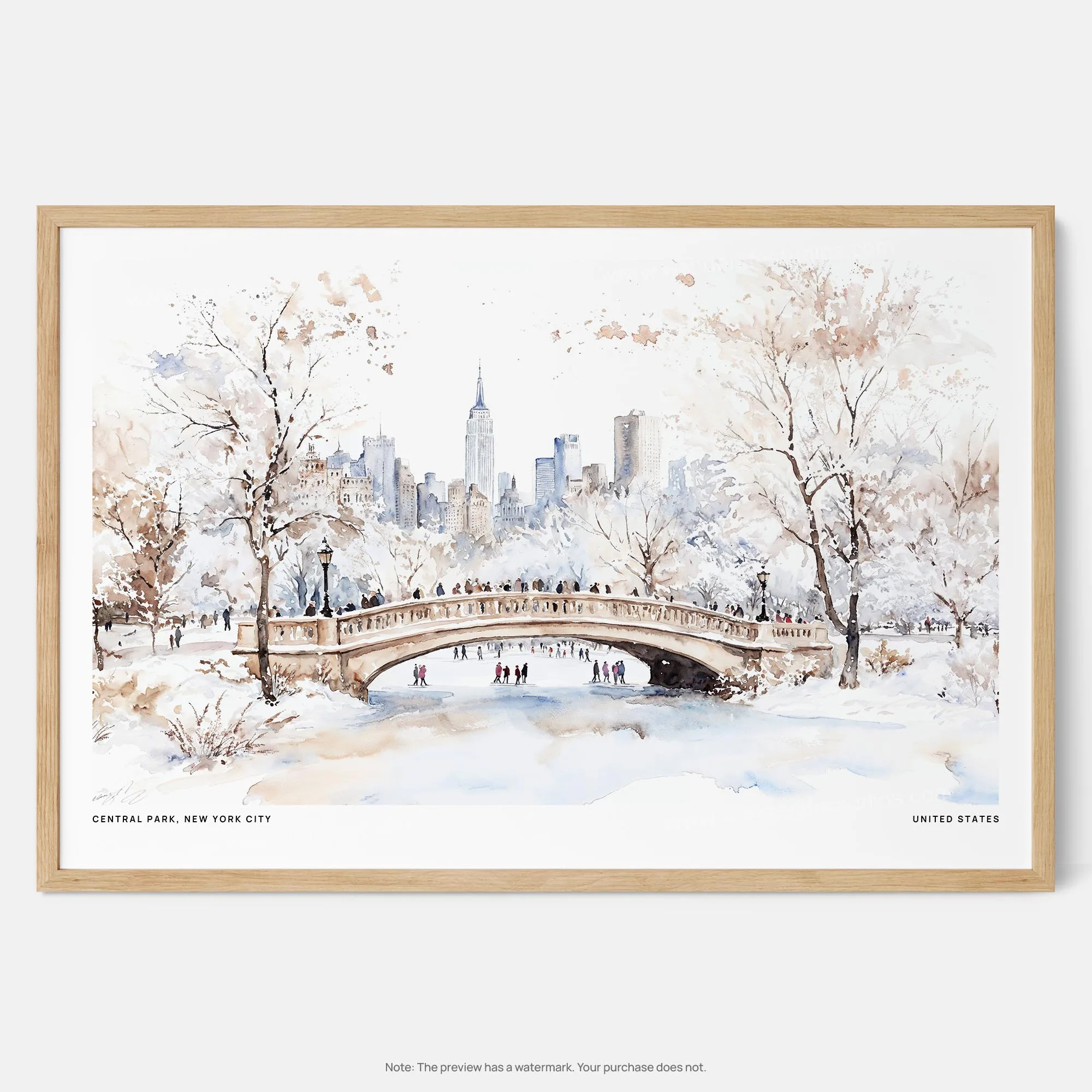 Central Park Watercolor Art Print in Winter – New York City Scene