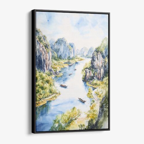 01 - Framed Ninh Binh Watercolor Canvas Print - Vertical - Main.jpg