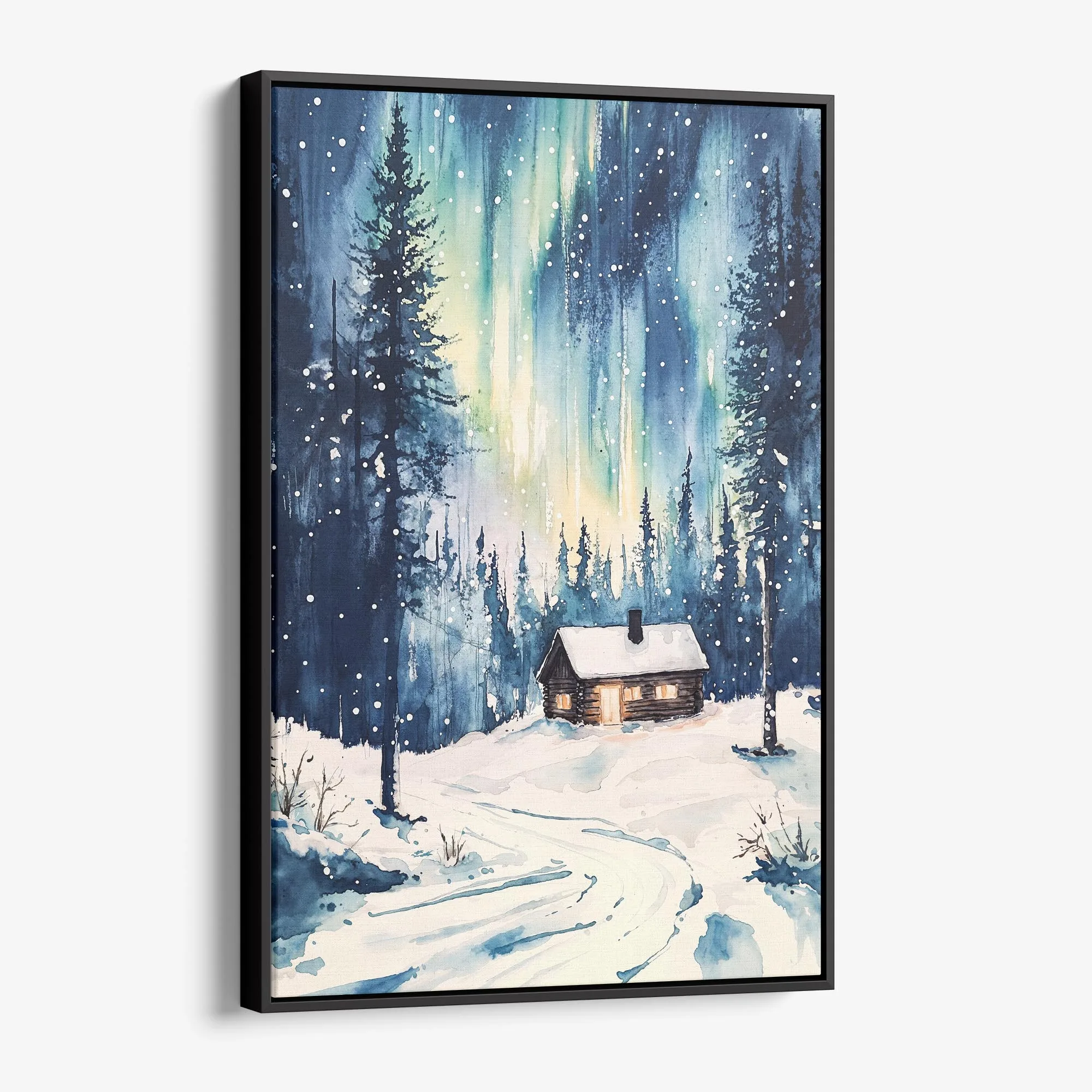 Northern Lights Finland Canvas Print – Watercolor Winter Landscape Wall Art