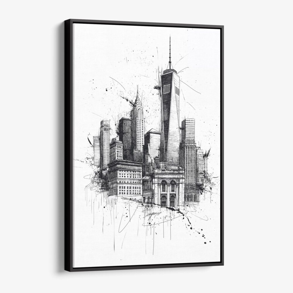 01 - Framed One World Trade Center - Pencil Drawimg Canvas Print - Vertical - Main.jpg