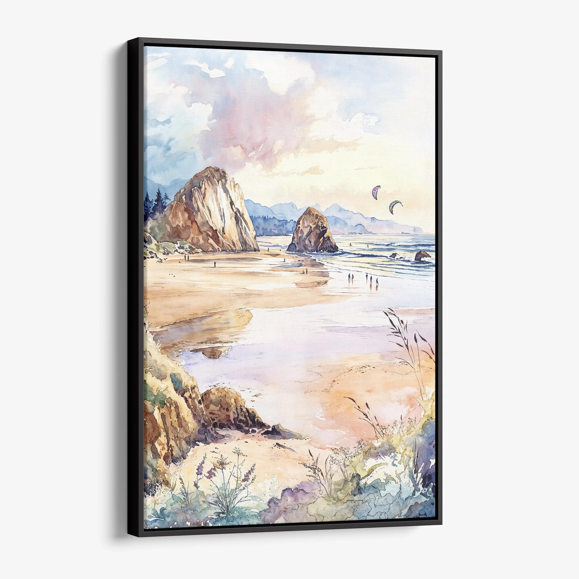 Oregon Coast Watercolor Canvas Print – Scenic Beach Landscape Art