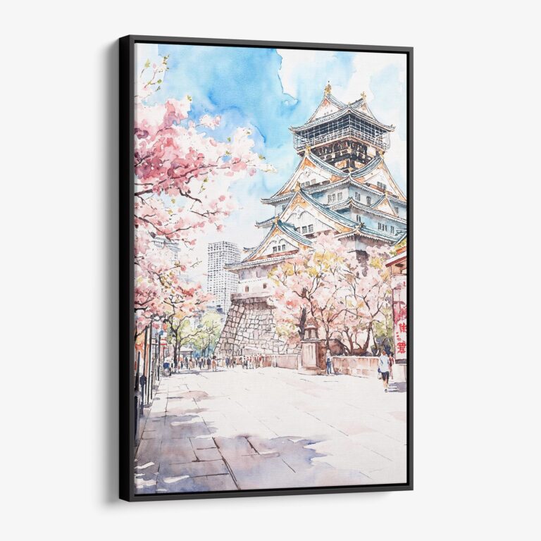 01 - Framed Osaka Castle Japan - Watercolor Canvas Print - Vertical - Main.jpg