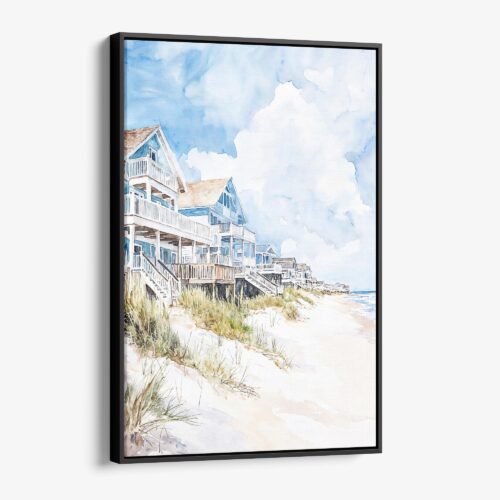 01 - Framed Outer Banks Cottage Watercolor Canvas Print - Vertical - Main.jpg