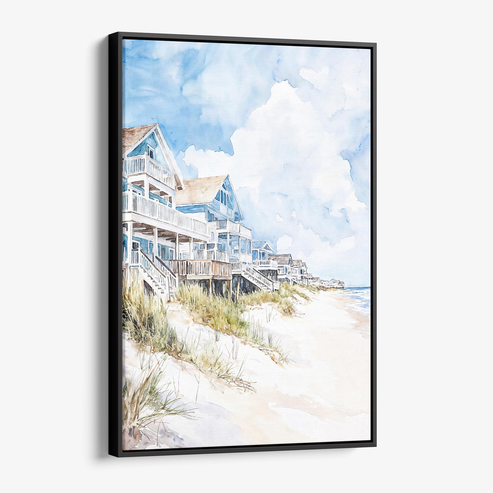 Outer Banks Cottage Watercolor Canvas Print – Coastal Home Wall Art