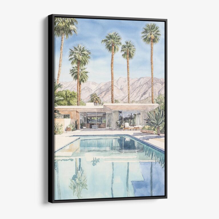 01 - Framed Palm Springs Pool Villa Watercolor Canvas Print - Vertical - Main.jpg