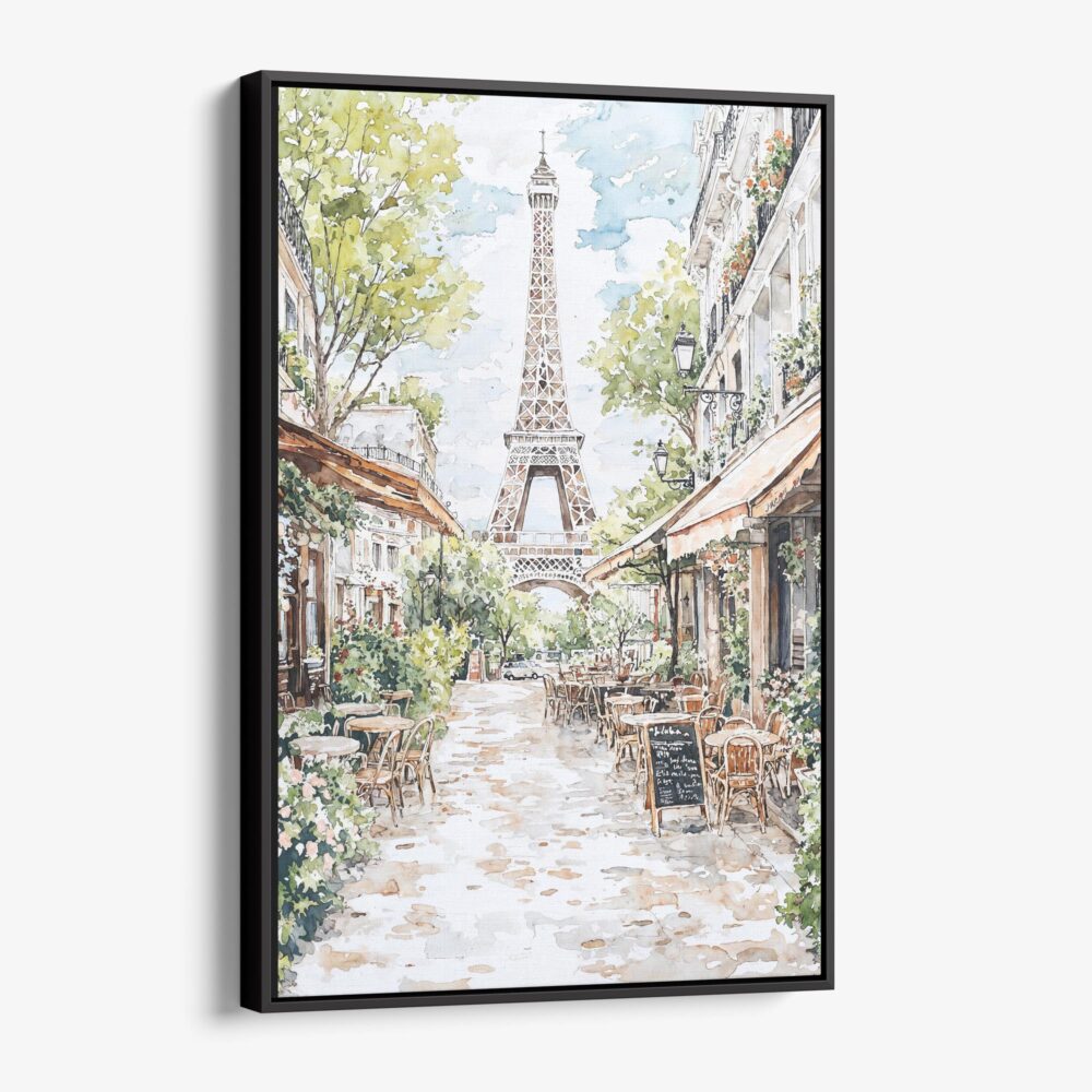 01 - Framed Paris Cafe street scene with eiffel tower Watercolor Canvas Print - Vertical - Main.jpg