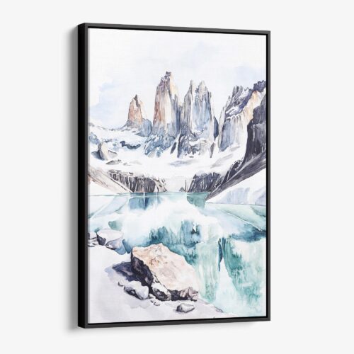 01 - Framed Patagonia Torres Del Paine Watercolor Canvas Print - Vertical - Main.jpg
