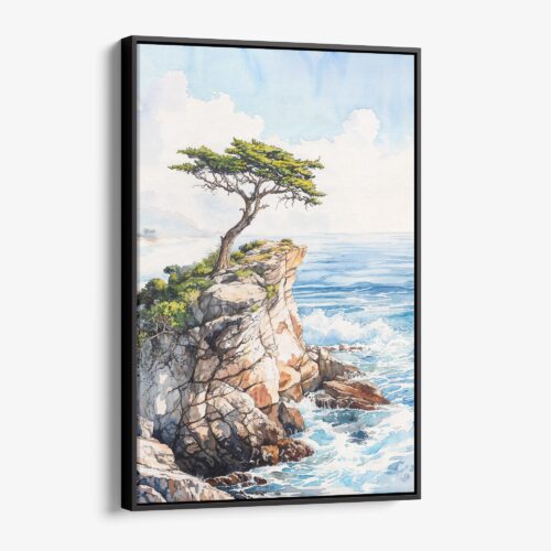 01 - Framed Pebble Beach Cypress Watercolor Canvas Print - Vertical - Main.jpg