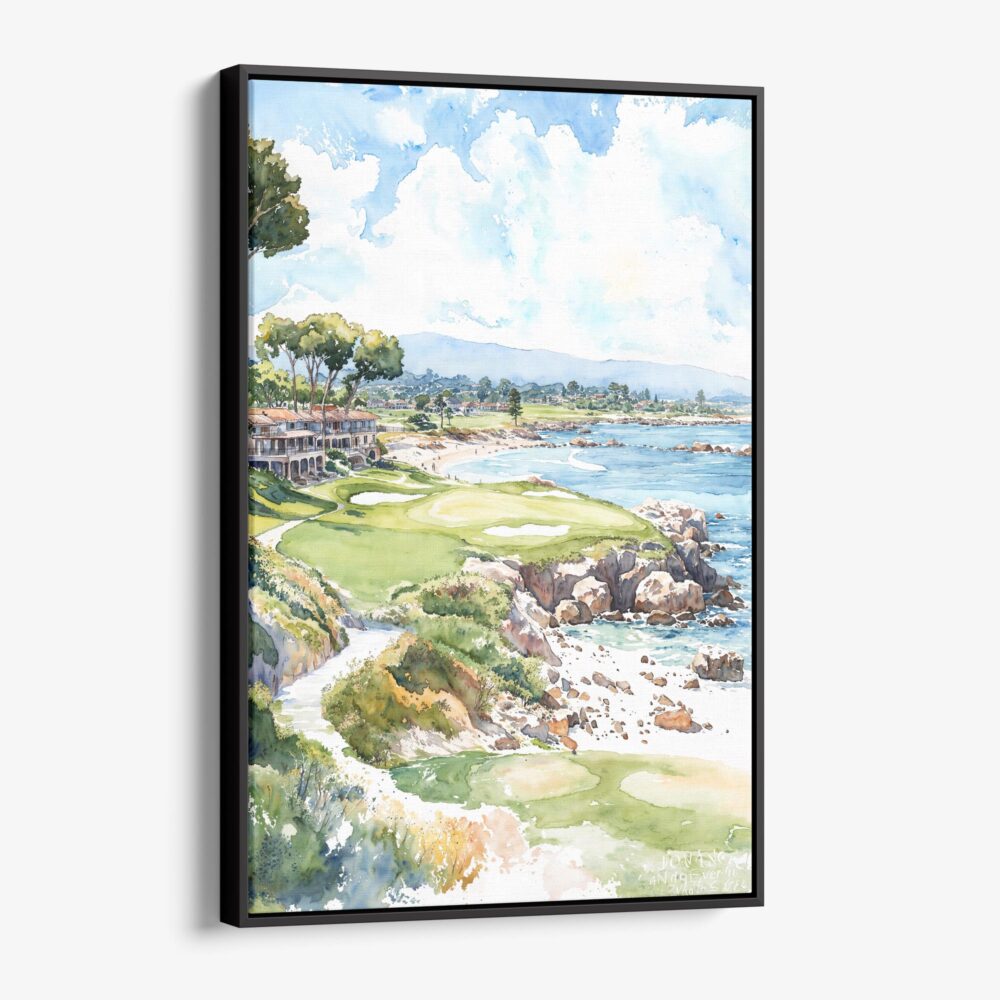 01 - Framed Pebble Beach Golf Course Watercolor Canvas Print - Vertical - Main.jpg