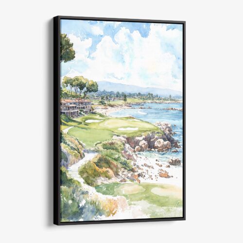 01 - Framed Pebble Beach Golf Course Watercolor Canvas Print - Vertical - Main.jpg