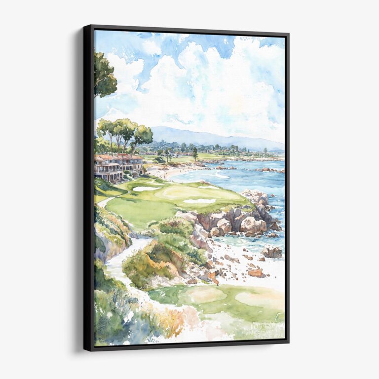 01 - Framed Pebble Beach Golf Course Watercolor Canvas Print - Vertical - Main.jpg