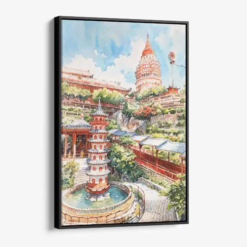 01 - Framed Penang Malaysia Watercolor Canvas Print - Vertical - Main.jpg