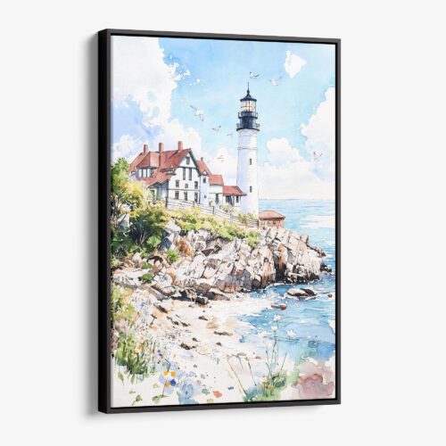 01 - Framed Portland Maine Watercolor Canvas Print - Vertical - Main.jpg